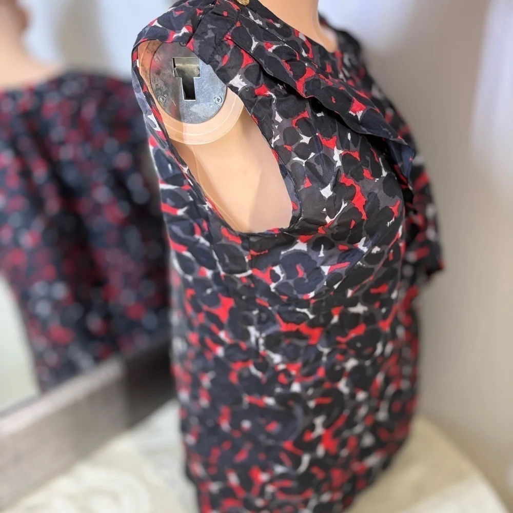 Michael Kors Black and Red Ruffled Cap Sleeve Blouse